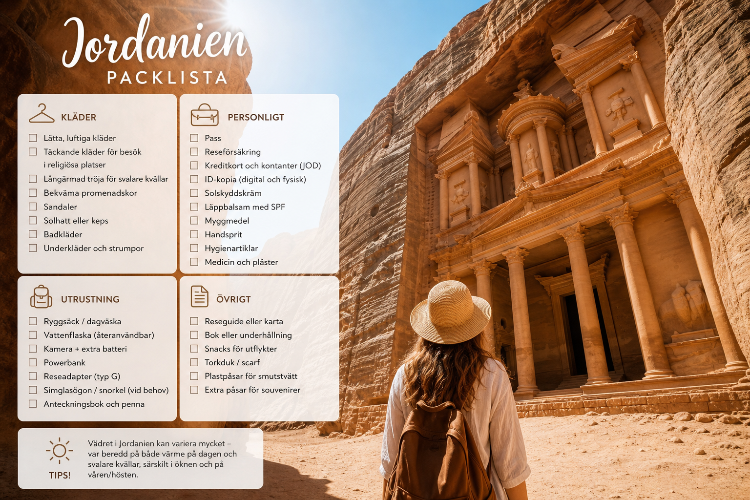 Lista pakowania do Jordanii 2026: co spakować na pustynię i Petrę